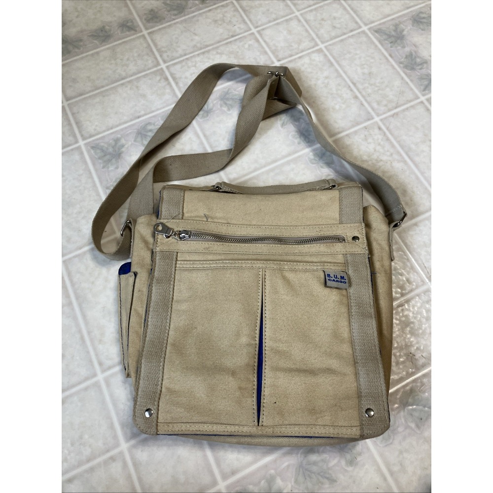 Vintage Y2k Tan Canvas Messenger Bag Cargo Utility Hobo Shoulder Purse BUM Cargo